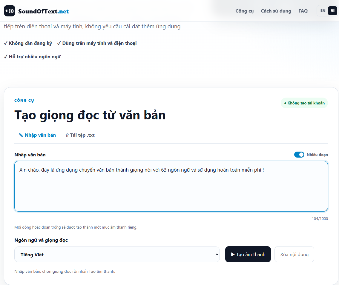 Nhập nội dung vào ứng dụng sound of text trên máy tính